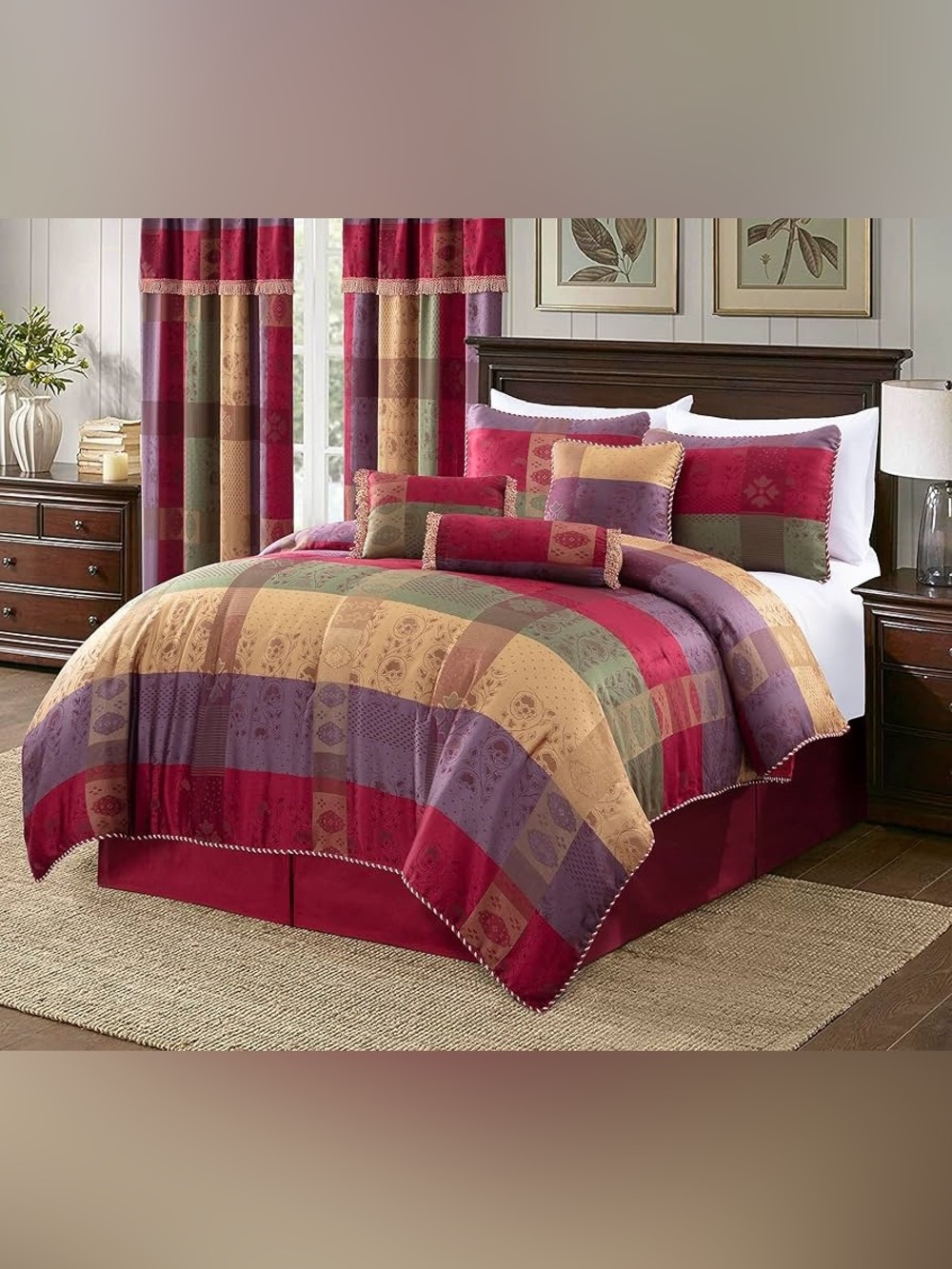 Patchwork Multicolor king 3 piece Comforter Set - Red, Gold & Purple
